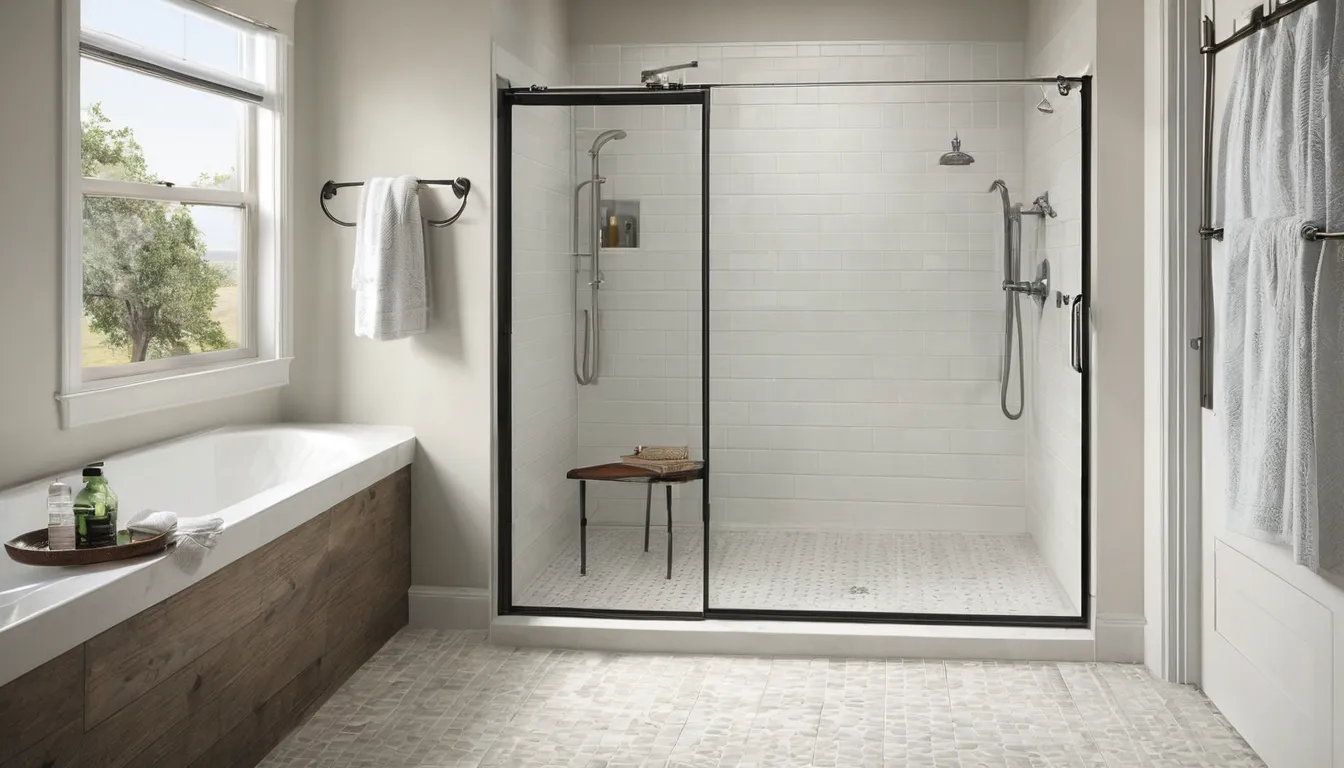 A low-entry walk-in shower with a bench and grab bar in a bright Lake St. Louis bathroom